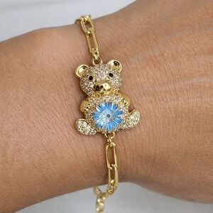 14K Gold Plated Teddy Bear Bracelet Blue Crystal Cute Luxury Charm Adjustable